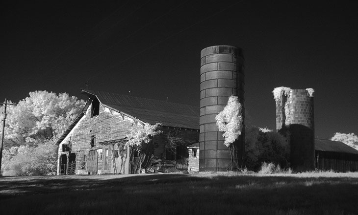 While the pole could be cropped out, the wires just don't fit with the old barn (this is infra-red, by the way)