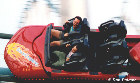 A shot of me (at top) from the mid-nineties, on the now-defunct Drachenfire at Busch Gardens, Williamsburg, VA