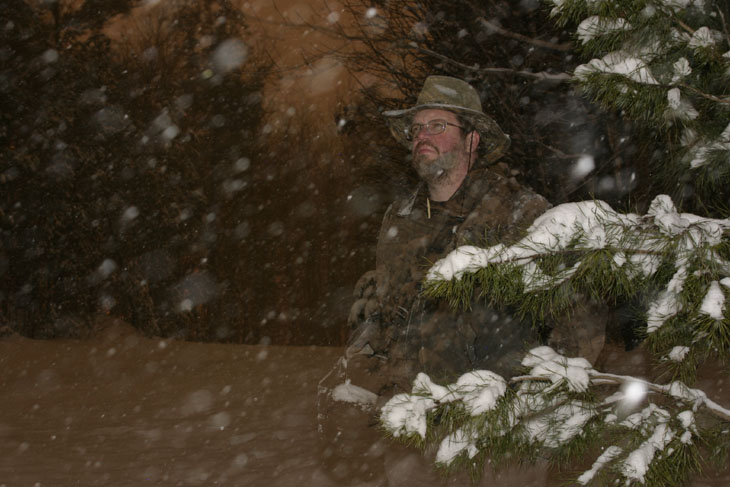 Al Denelsbeck in a serious snowstorm at night