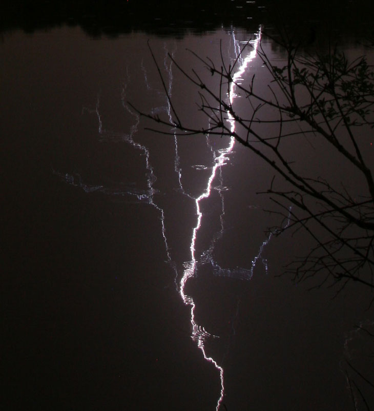 lightning reflection in rainy pond