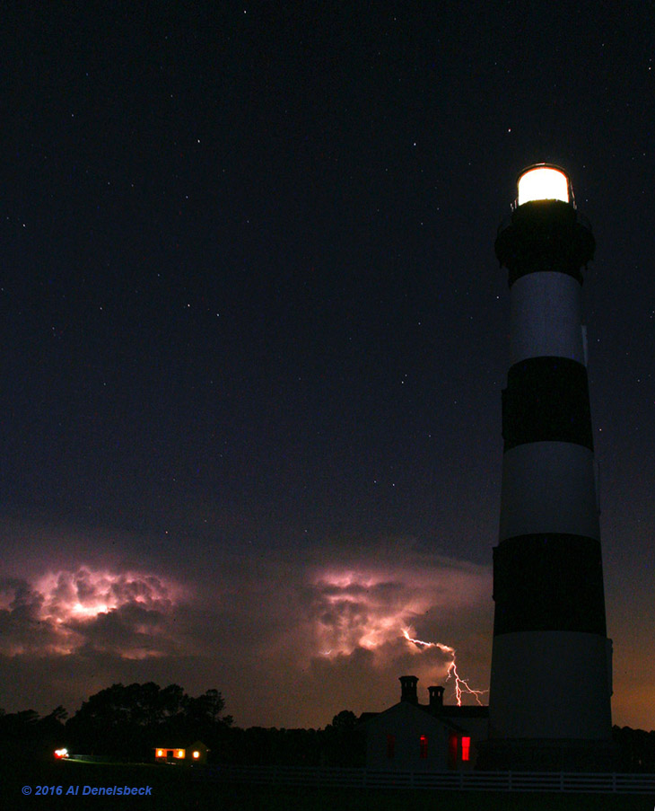 time exposure showing multiple thunderstorms beyond Bodie Island lighthouse