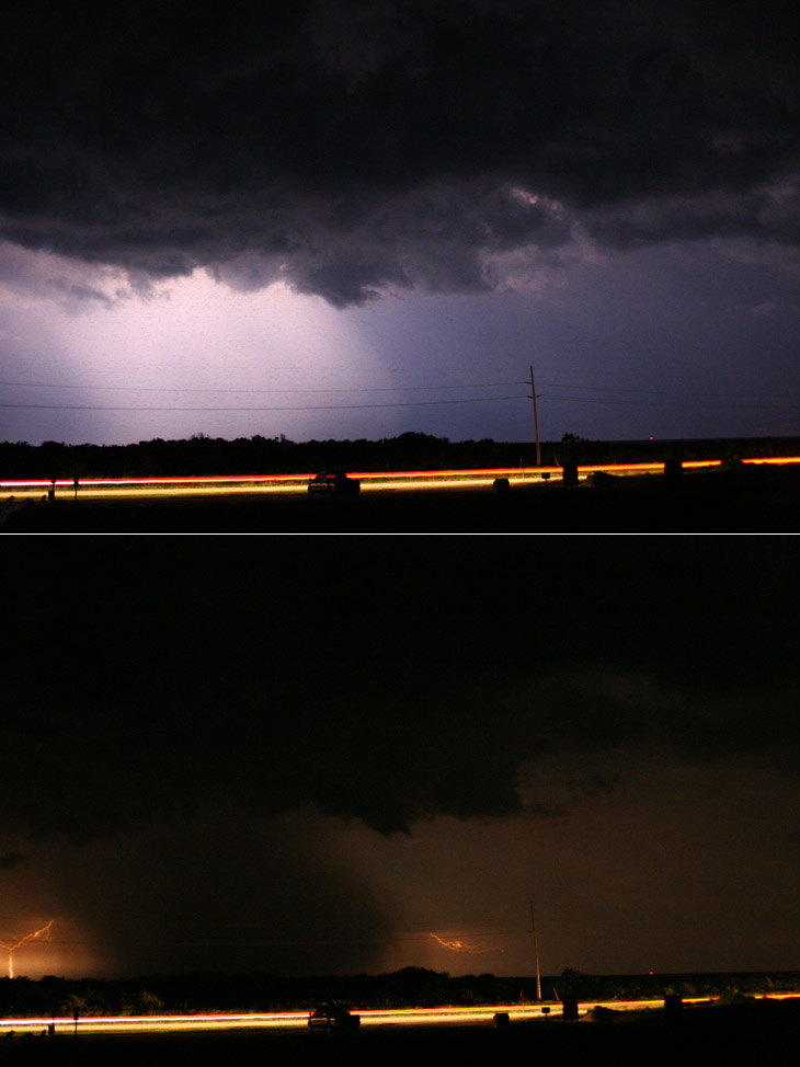 two night exposures of same area showing lightning within the approaching rain