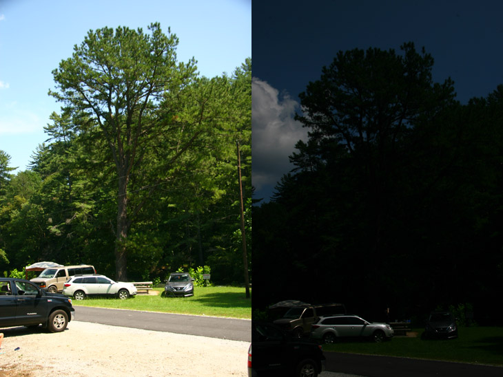 comparison frames nearing totality between Sunny 16 and auto exposure