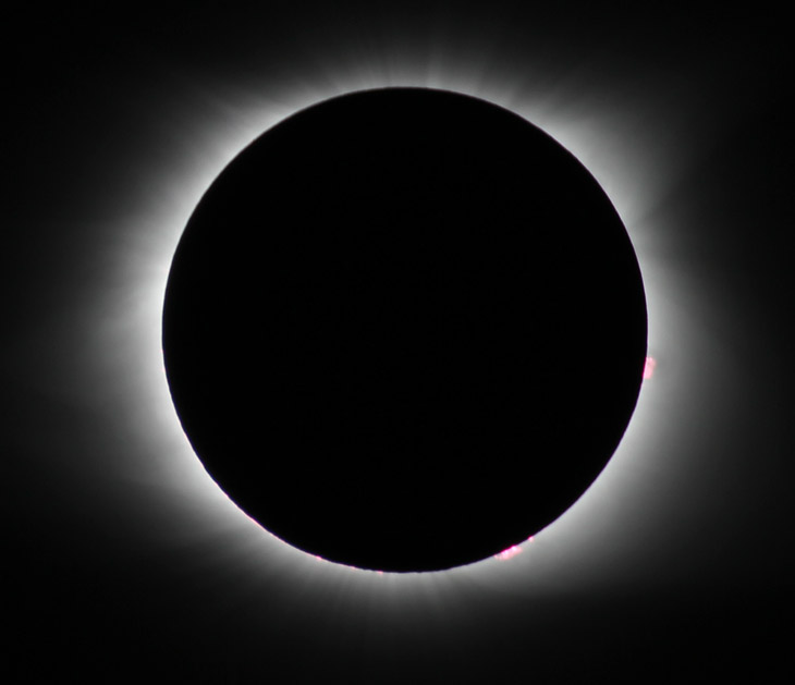 total solar eclipse showing corona and solar prominences