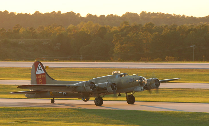 Collings Foundation's B-17G "909" taxiing in on RDU runway 5L