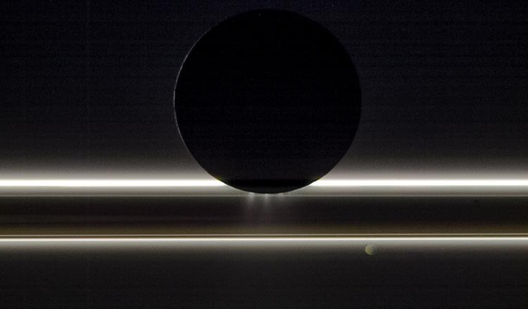 Enceladus and Saturn's rings from Cassini courtesy Cassini Imaging Team