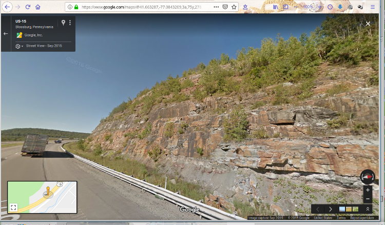 Google Street View of talus along road cut, Route 15 Pennsylvania