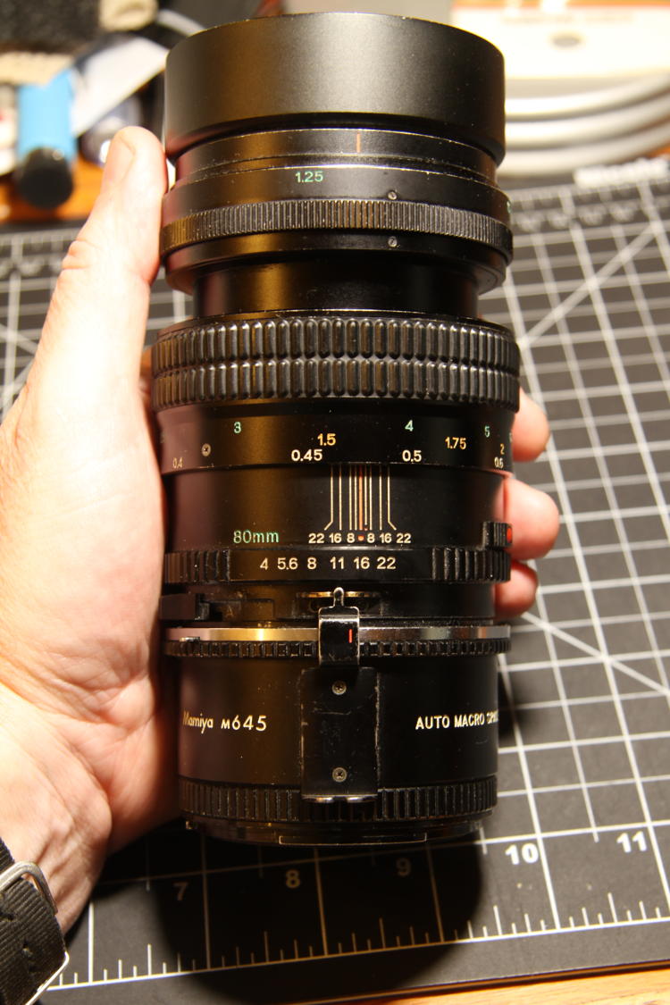 Mamiya-Sekor 80mm f4 Macro lens with affixed extension tube