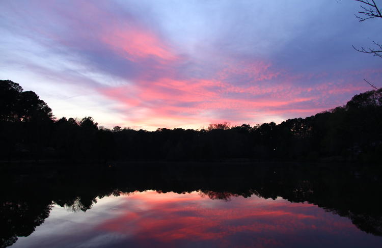 pink and blue sunset over pond