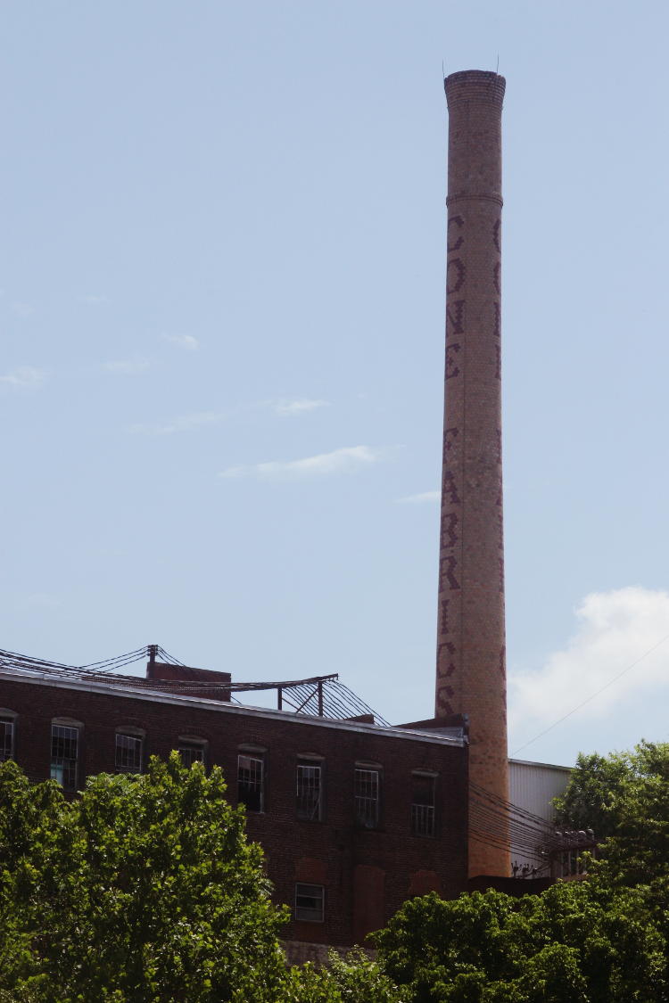 old Cone Fabrics smokestack in Saxapahaw, NC