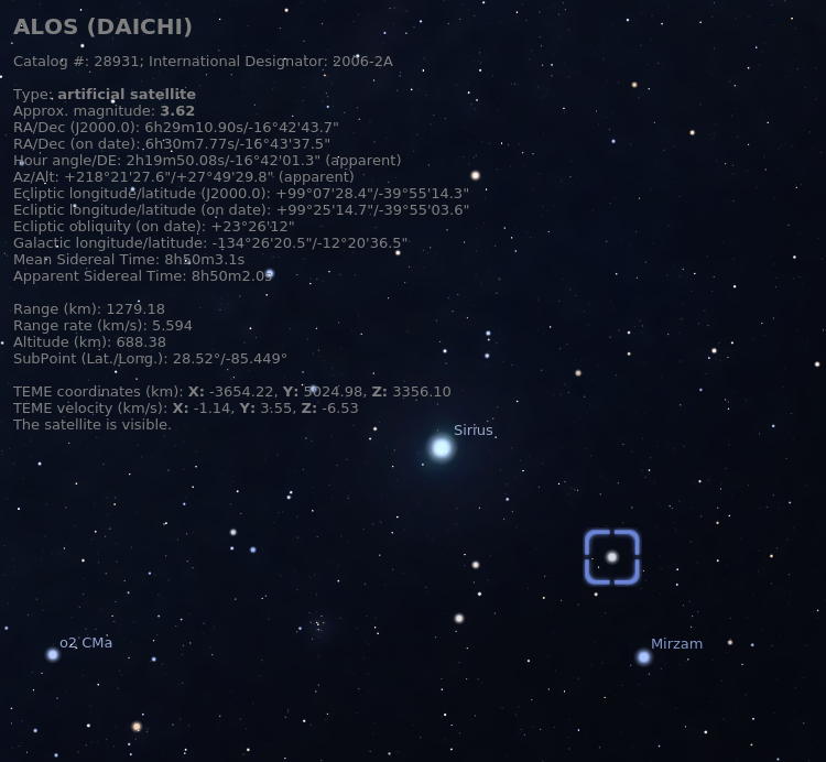 screen capture from Stellarium showing satellite identified  as ALOS/Daichi