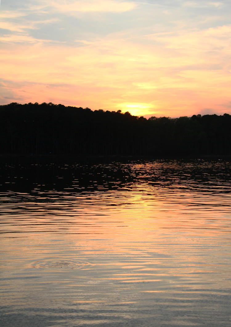 sunset over Jordan Lake with evidence of fish jump in frame