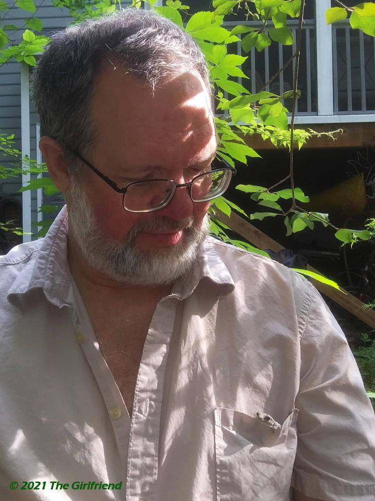 the author with a Copes grey treefrog Hyla chrysoscelis where it landed in his shirt pocket, by The Girlfriend