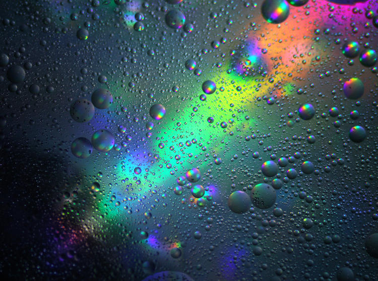 oil droplets suspended in water in a shallow glass pan with illuminated CD beneath