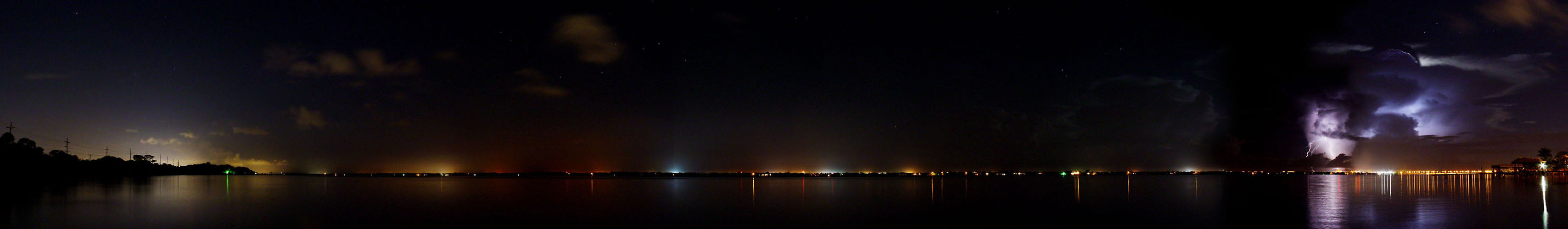 night panoramic of Indian River Lagoon with lightning