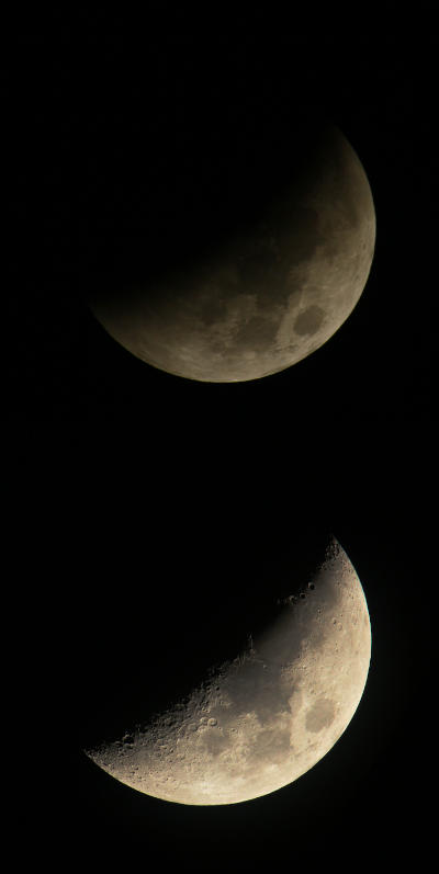 comparison of partial lunar eclipse to normal crescent phase moon