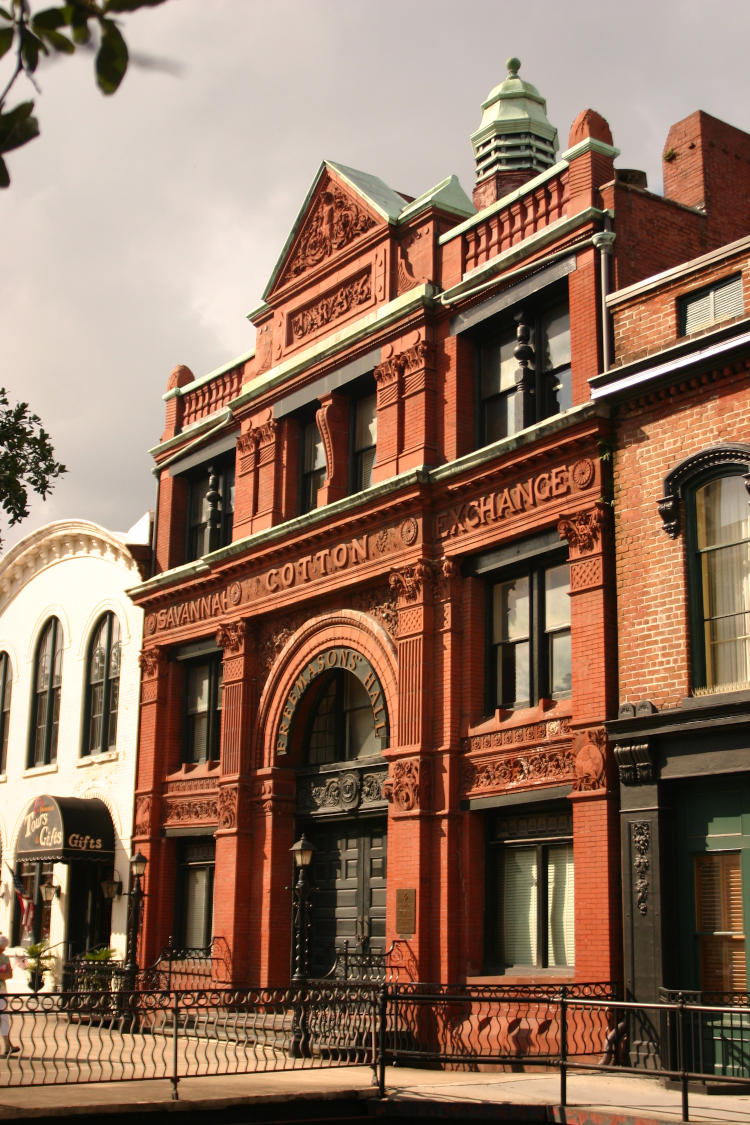 facade of Savannah Cotton Exchange in Savannah, GA in direct sunlight