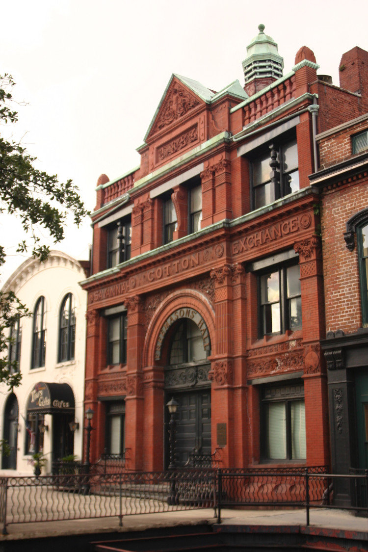 facade of Savannah Cotton Exchange in Savannah, GA in overcast