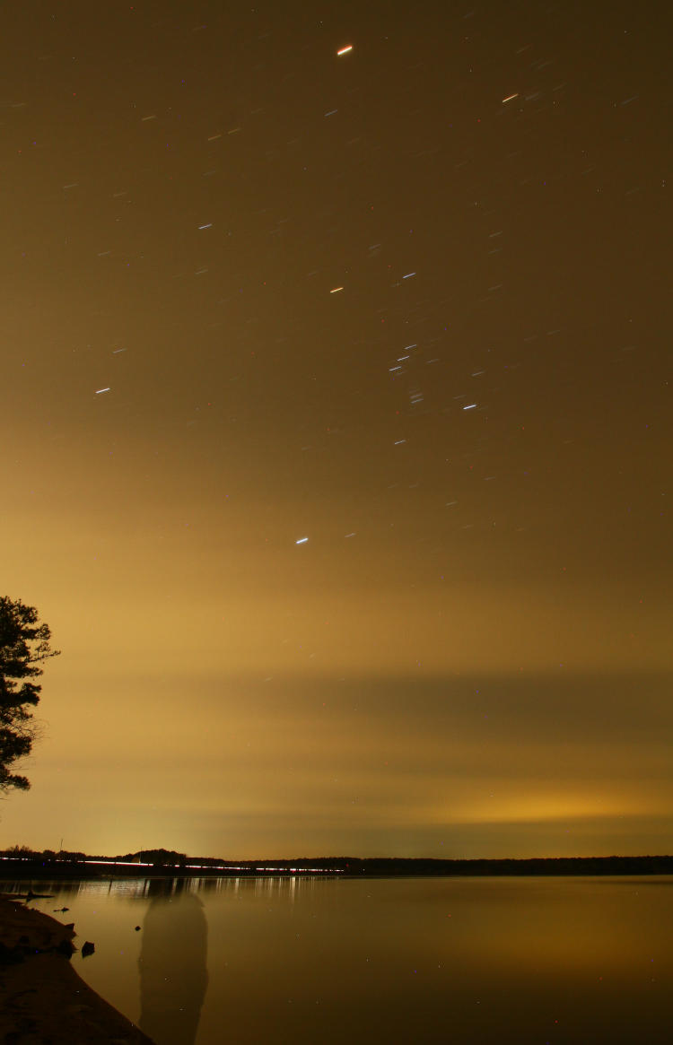 night exposure over Jordan lake showing Orion, Mars, and bystander