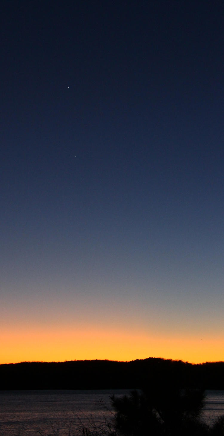 Venus and Jupiter visible in twilight after sunset above Jordan Lake