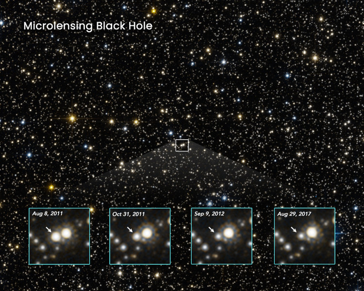 Hubble image of background star brightened by gravitational lensing from drifting black hole