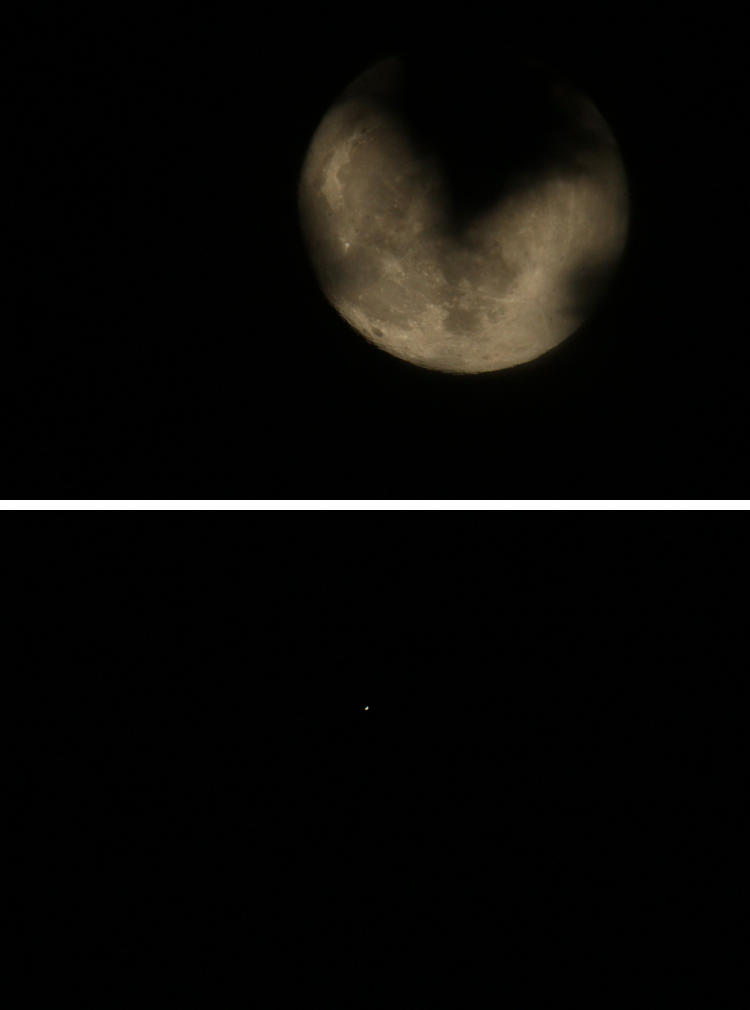 nearly full moon and half Venus at same magnification