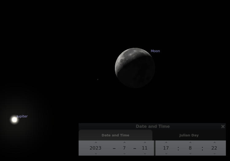 screen capture from Stellairum software showing Jupiter/Moon conjunction