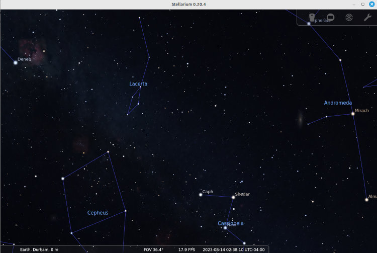 SCreen capture from Stellarium showing Cassiopeia and Andromeda