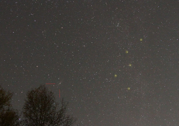 night sky exposure with Cassiopeia and Andromeda marked