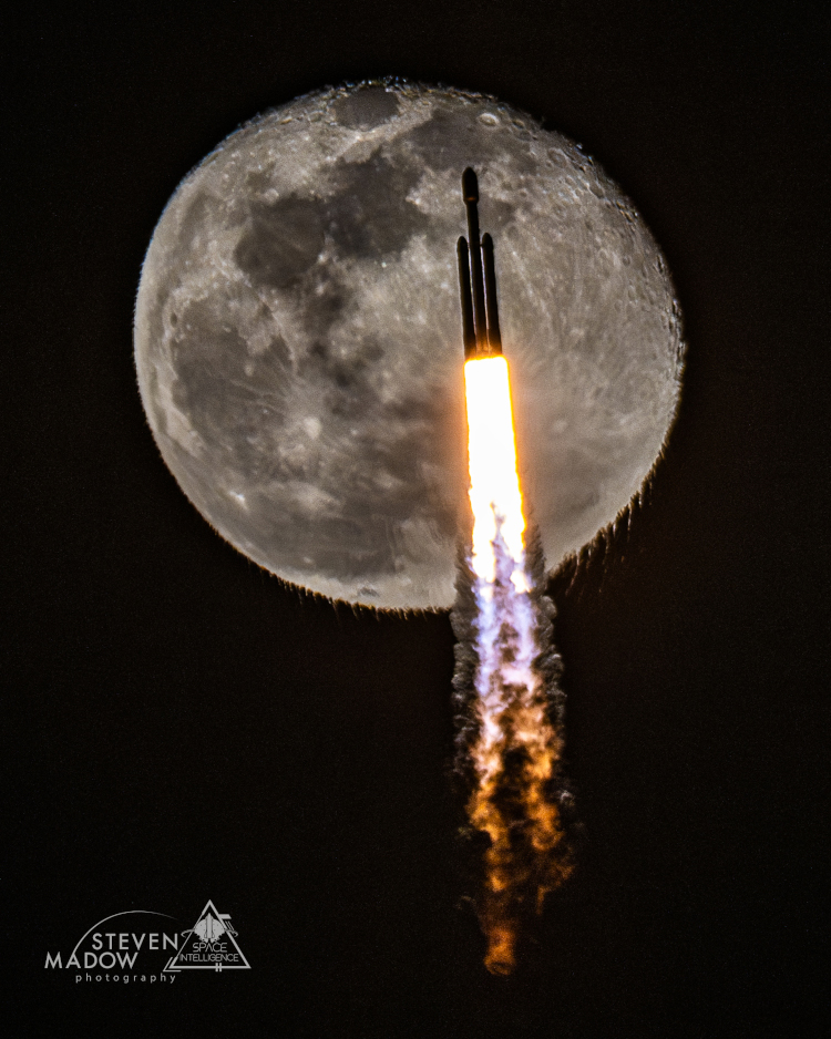 SpaceX Falcon Heavy rocket during launch transiting waning gibbous moon, by Steven Madow