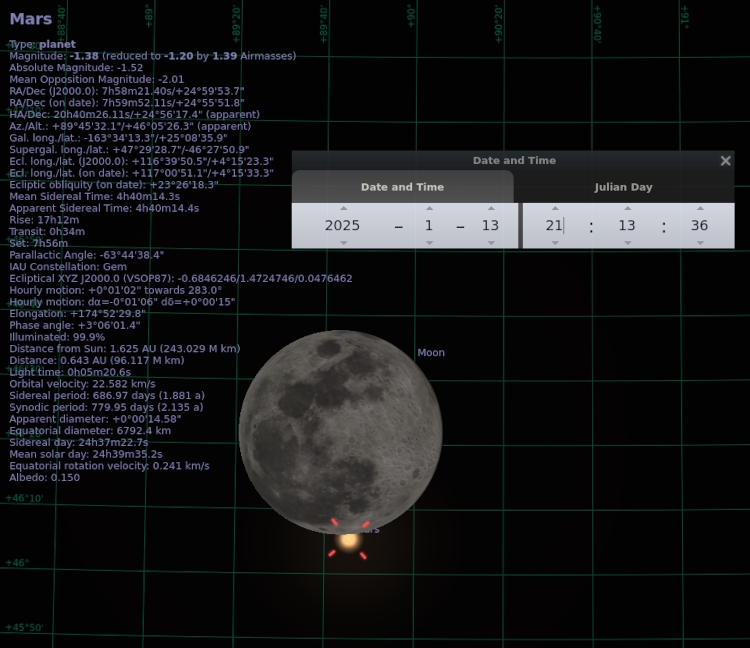 plot of Mars occultation by moon 1/13/25