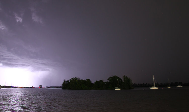 lightning strike over Pamlico River, bleached out