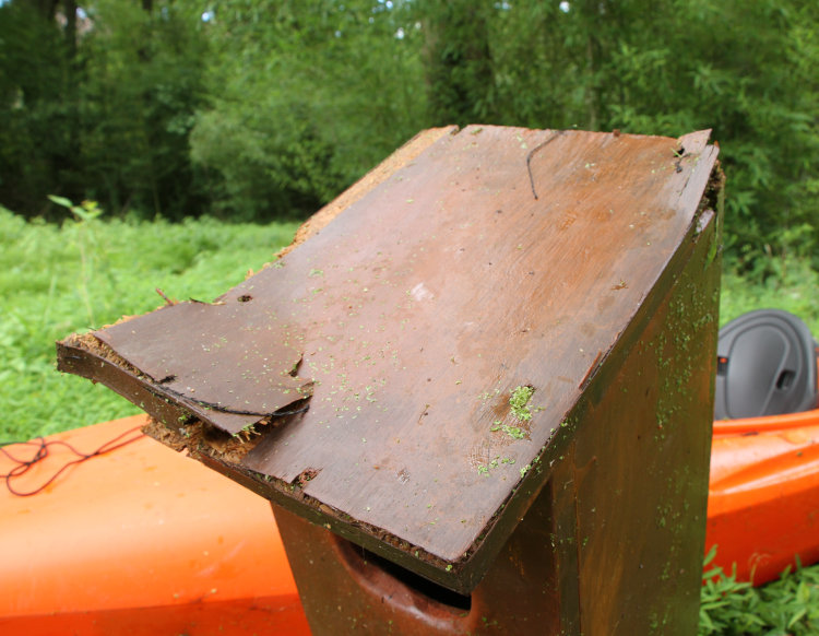 fallen wood duck nest box with degraded particle-board roof panel