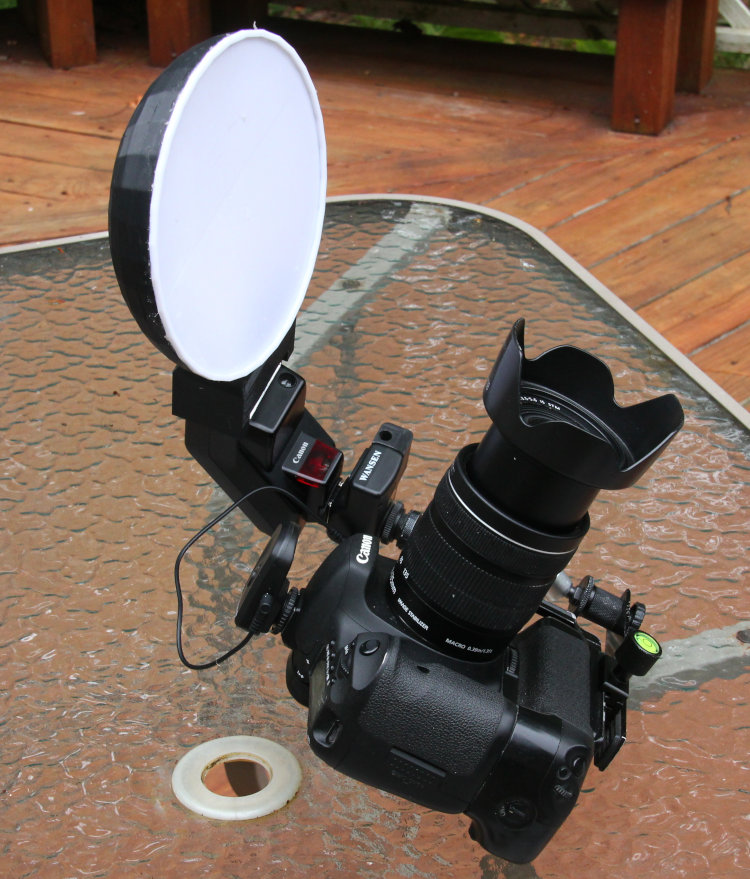 older domed design of macro flash softbox on-camera