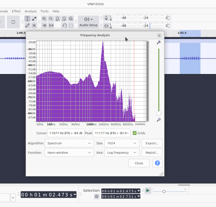 frequency plot from Audacity indicating ten pulses peaking at 2 kHz, likely confirming this as a mole cricket call