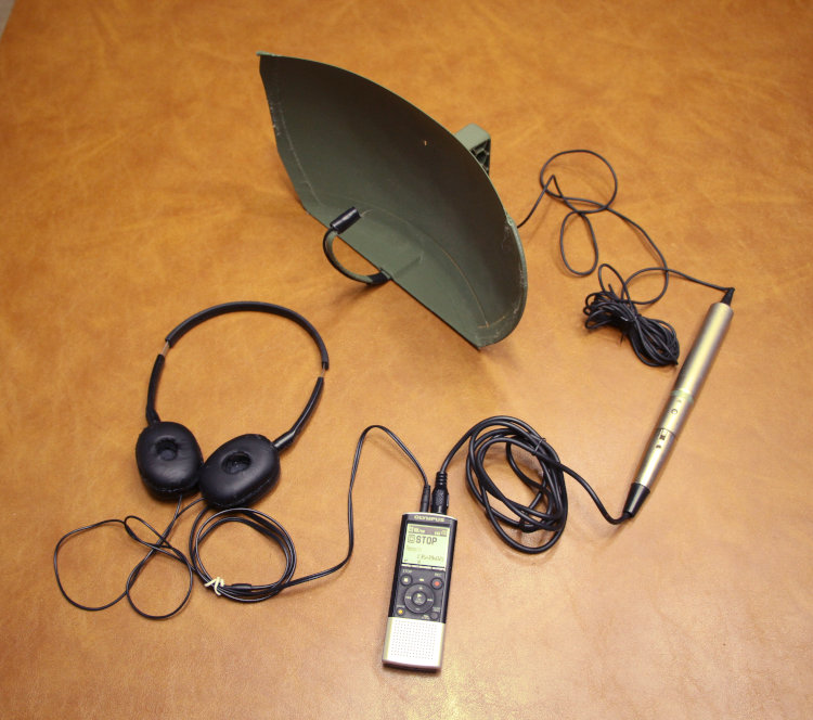 3D-printed parabolic microphone system with recorder, headphones, and powered lapel mic
