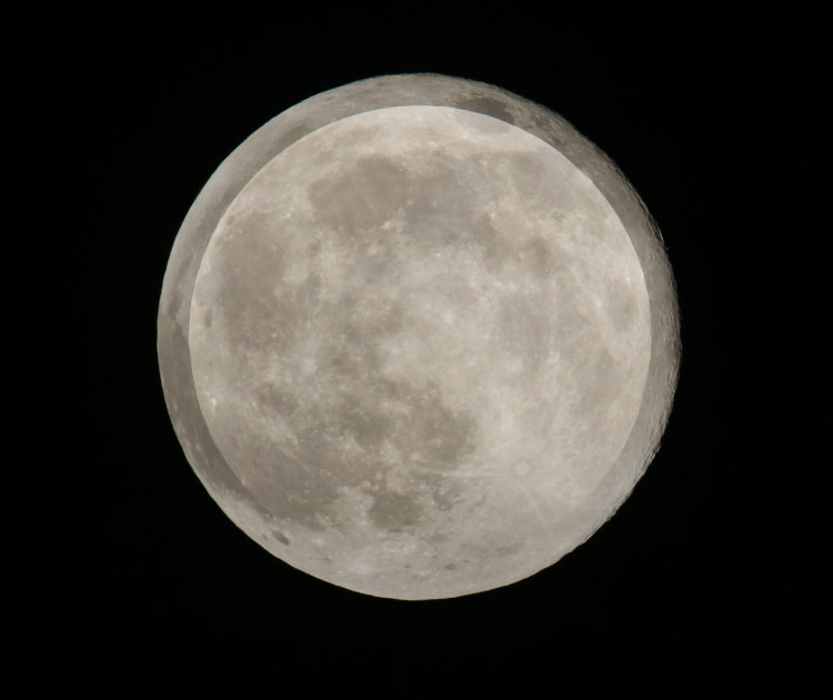second-quarter 'full' moon very close to perigee, 'super moon,' overlaid with same phase very close to apogee