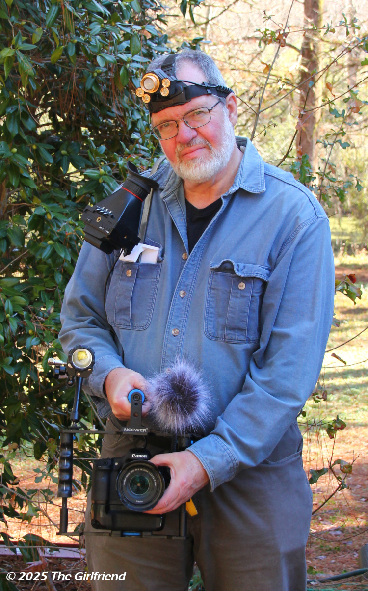 author carrying field video rig with mounted external HDMI monitor, by The Girlfriend