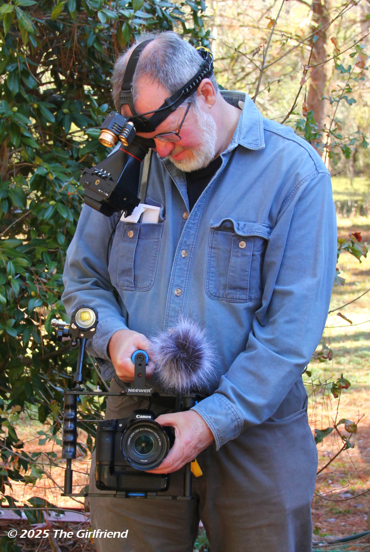 author using field video rig with mounted external HDMI monitor, by The Girlfriend