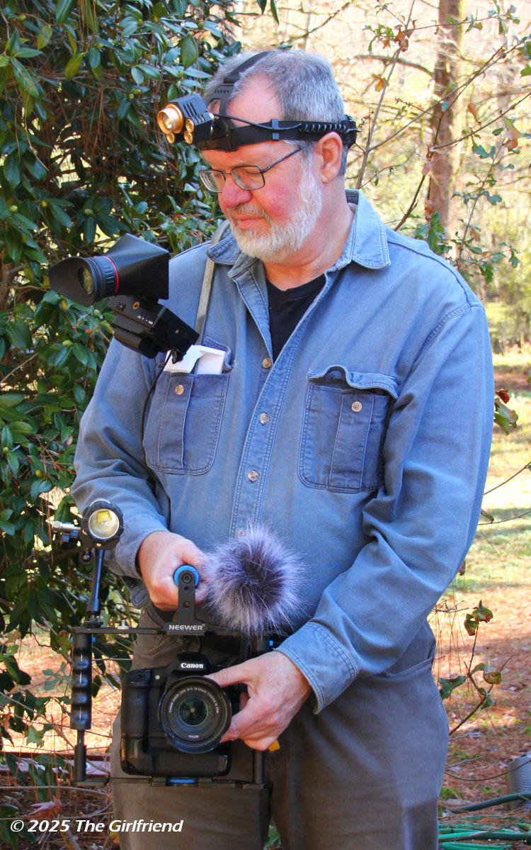 author using field video rig with mounted external HDMI monitor, by The Girlfriend