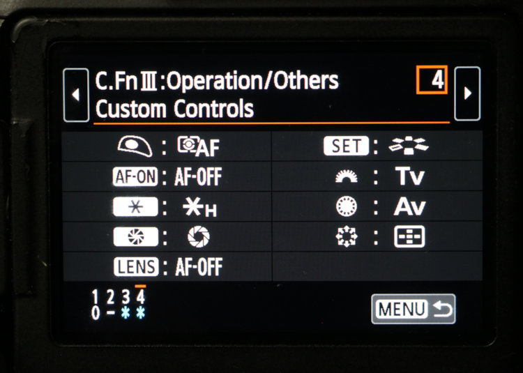 Custom Control assignment menu on Canon 70D