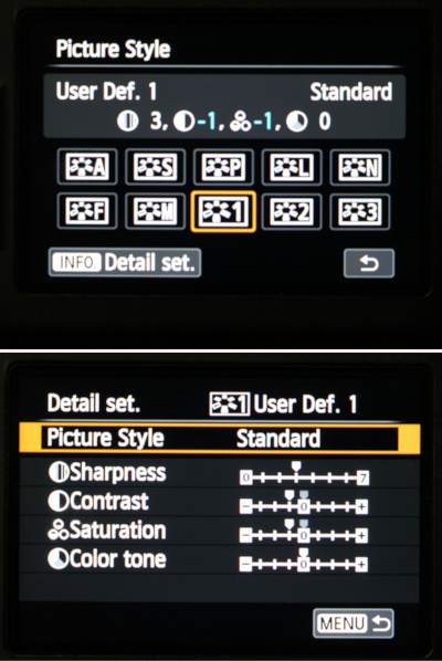 pair of images from Canon 70D menu showing User Defined Mode 1 and setting