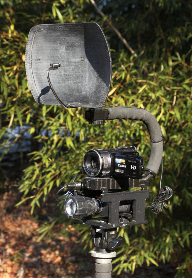 night video camcorder rig with custom 3D printed flashlight bracket and parabolic microphone