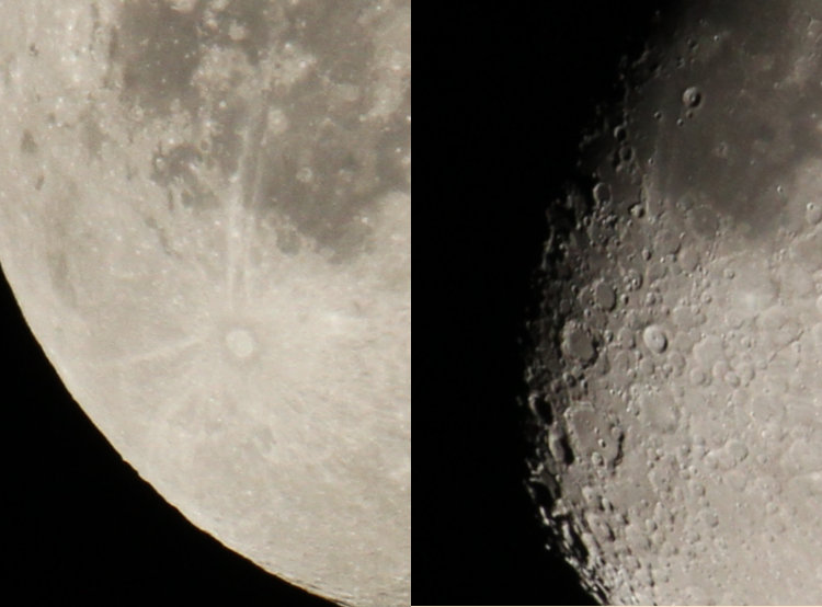 two portions of moon in full and waxing gibbous phases showing differences in detail