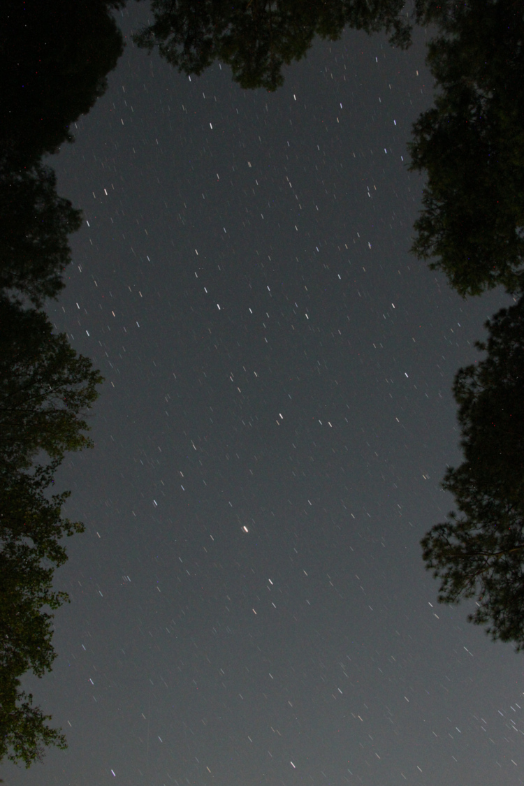 two-minute time exposure of night sky with captured meteor