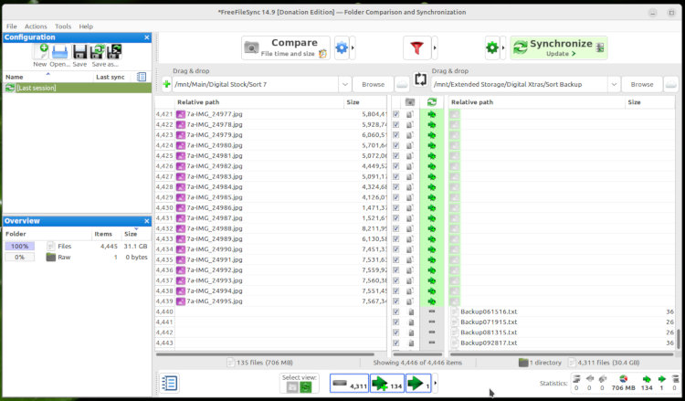 screenshot of FreeFileSync program in Compare mode