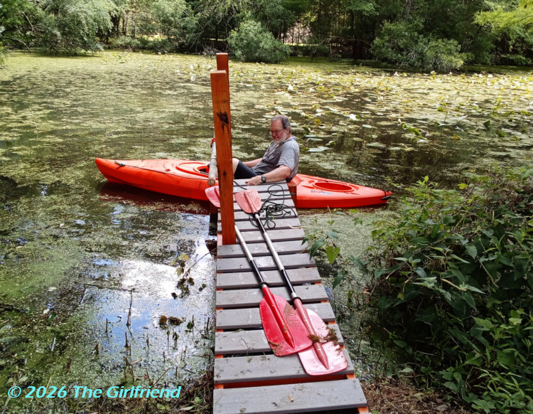 The author in kayak off of new dock, photo by The Girlfriend