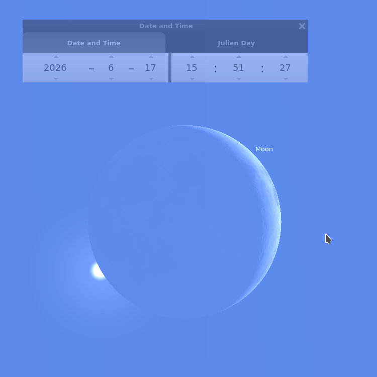 screenshot from Stellarium of moon occulting Venus, June 17, 2026 in North America
