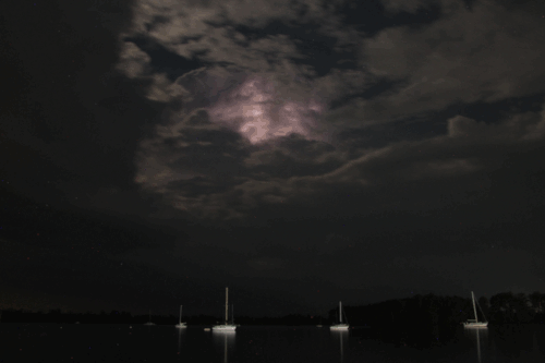 animated gif of nineteen successive frames of active thundercell at night on Pamlico River