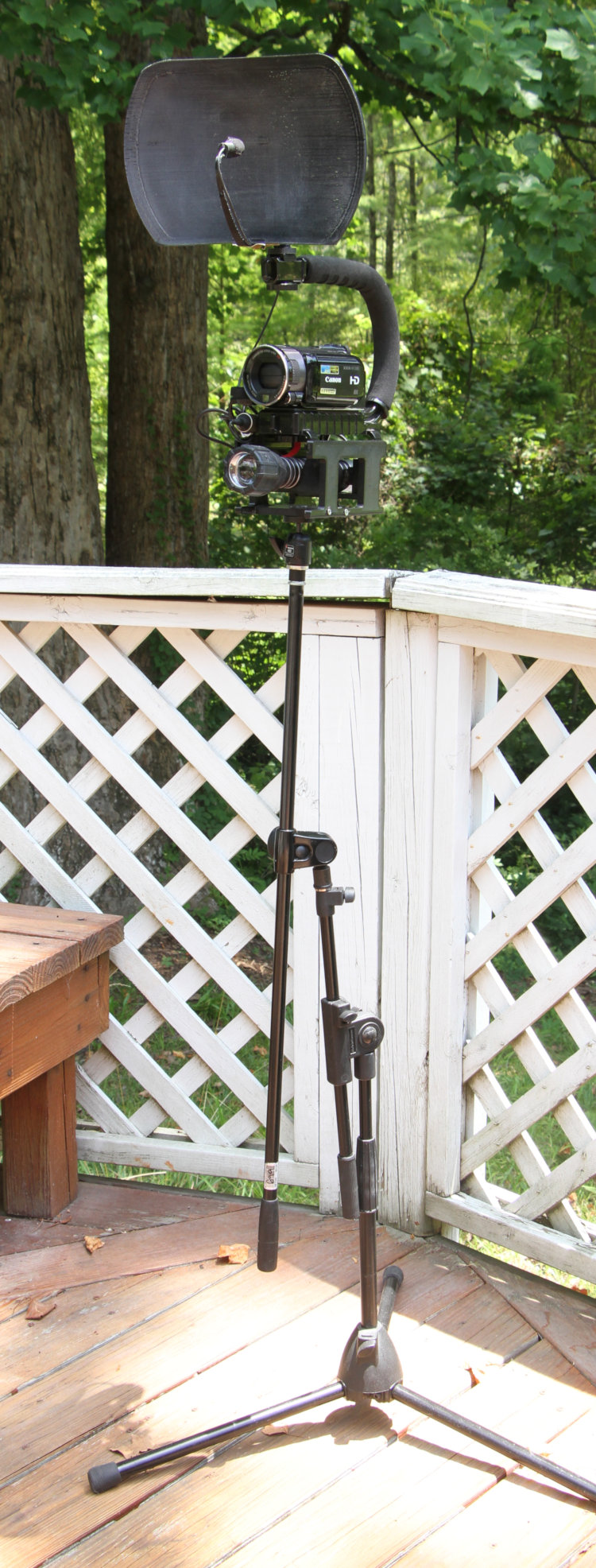 night video rig with light and parabolic mic on modified microphone stand